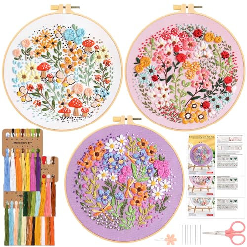 JSRQT 3 Stück Stickerei Set Blumenmuster Pflanzen Embroidery Kit Stickset für Anfänger Erwachsene DIY Handgemachte Kreuzstich Set Handwerk Nähen Stickerei Stick Starter Kit für DIY Kunst