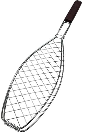 Genérico Grille à poisson avec manche en bois, grille en acier pour barbecue, panier de rôtissoire à poisson, accessoire de barbecue et camping portable