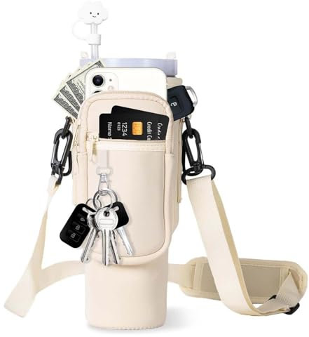 Water Bottle Carrier Bag for Stanley Cup 40oz, Water Bottle Holder with Phone Pocket,Adjustable Shoulder and Carabiner Clip,Stanley Cup Holder for Walking Hiking Camping Travelling (Beige)