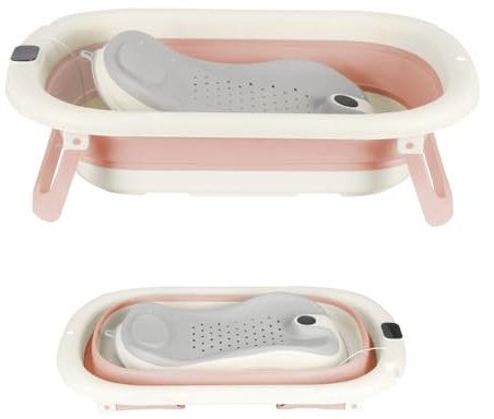 OHMG Baignoire Bebe, Baignoire Pliable Bébé,Baignoire Bébé Avec Thermometre Digital,Coussin De Bain, Baignoire Bebe Pliable,Compacte Portable Avec Plateau De Rangement (A-Rose-43 * 71 * 18.5cm)