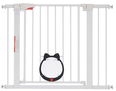 LENDISIY Treppenschutzgitter ohne Bohren, Türschutzgitter Treppengitter mit Katzenklappe, Absperrgitter Hund, Treppenschutzgitter Ausziehbar, Einhändiges Beidseitiges Öffnen (Weiß, Standard)