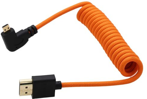 HangTon Câble micro-HDMI vers HDMI 4K60 8K à angle droit pour ATOMOS Ninja V Ultra, Sony ZV-E10 A7C A7R4 A6700, Canon R6II R5C R10, Lumix S5 S9 G100, Fujifilm X-T50, orange tressé spiralé, 30 cm