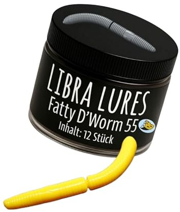 Libra Lures Fatty D`Worm Tournament 55mm Forellenköder Supersoft | 12 Stück | Aroma: Käse | Farbe: 007/ Yellow | Gummiköder Neuheiten | Erfolgreicher Forellen Angeln mit dem Fatty