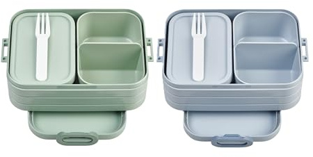 Mepal Bento Brotdose Midi Take A Break Mixed - mit Bento Box - Für 2 Sandwiches oder 4 Brotscheiben - Lunchbox für kleine Snacks & Reste - Erwachsene Essenbox mit Fächern - Nordic Sage & Nordic Blue