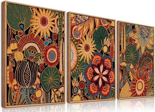 BINCUE Groß Farbe Blumen Wandbilder,Vintage Blumen Leinwand Wandkunst,Boho Wanddeko Rahmen,Moderne Wohnzimmer Wanddekoration,Vintage Botanische Bilder Kunst Druck Schlafzimmer Büro Deko 40x60cm*3