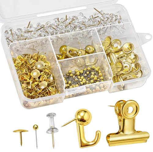 310 Stück Pinnadeln Reißnägel, Bulldog Clips with Push Pins, Daumen Tacks Haken, 5 Verschiedene Arten von Reißzwecken für die Wand, Korkplatte, Fotos, Tags, Korkplatte, Bulletin Board (Gold)