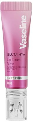 Vaseline Gluta-Hya Rosy Pink Lip Gloss, Serum Lip Care with Hyaluronic Acid and GlutaGlow Technology, Tints, Plumps and Protects with SPF15 for Plump and Dewy Lips 10 ml