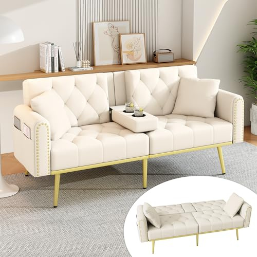 Merax 2-Sitzer ausklappbares Schlafsofa Couch mit Schlaffunktion, verstellbare Rückenlehne,2 Zierkissen,Faltbarer Getränkehalter,Seitentaschen, Velvet/Beige, 175 × 80 × 73,5 cm