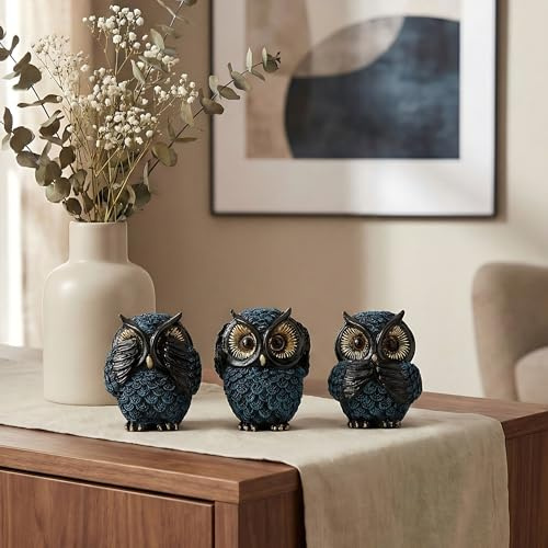 Smadeer 3er Set Eulen Deko Figuren aus Resin - Nichts sehen, hören, Sagen - Moderne Tierstatuen für Wohnzimmer & Regal - Boho Dekoration, Geschenkidee für Frauen