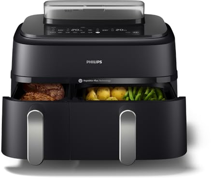 Philips Steam Airfryer 5000 Series Dual Basket Heißluftfritteuse mit Dampfgar-Funktion & 2 Körben – Steam, Airfry, SteamFy, 9L (3L+6L), RapidAir Plus, automatische Dampfreinigung (NA551/00)