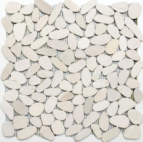 Mosaik Kiesel geschnitten weiss cream Flußkiesel Steinkiesel Steinteppich Flussstein Kieselmosaik Duschtasse Duschboden Duschwand - 1 Matte