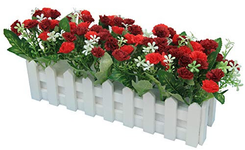 Flikool Carnations Fleurs Artificielles avec Clôture Truqué Plantes Artificielles in Pot Simulation Potted Bonsai Faux Floral Artificiels Balcon Maison Ornements de Décoration - Rouge