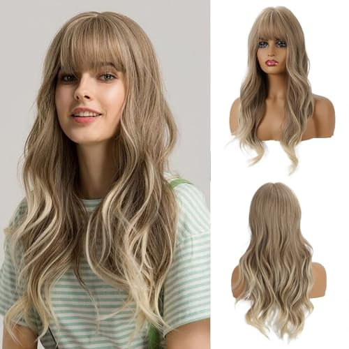 OUFEI 24 Zoll Aschblonde Perücken mit Pony für Frauen Natürliche Synthetische Gewellte Perücken Hitzebeständige Haare Lange Perücken für Tägliche Party Tragen