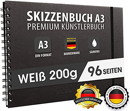 Skizzenbuch PREMIUM Qualität 200 g/m² mit schwarzer Spiralbindung A3 Querformat – Blattgröße 41,3 x 29 cm, Reißfestes, nicht ausblutendes, säurefreies Papier Weiß, Sketchbook - aus DEUTSCHLAND