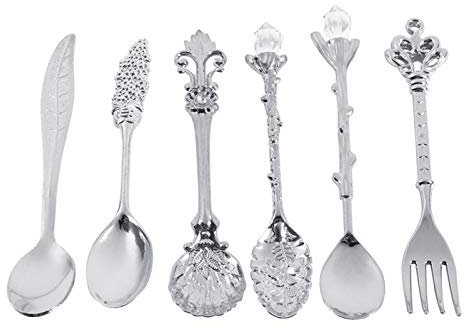 Ensemble de Cuillères et Fourchettes, à Thé Mini Fourchettes en Métal Style Royal Vintage Réutilisables Accessoires Cuisine pour Argent Couverts Cuillère Dessert Café Glace Fruits Fourchette