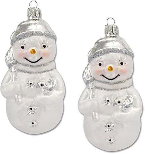 Thüringer Glasdesign Christbaumschmuck Schneemann Set (2 Stück) 11 cm aus Glas - Weiß/Silber