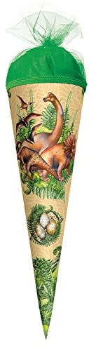 ROTH Geschenk-Schultüte klein Veganosaurus 35 cm - rund Tüllverschluss - Zuckertüte Schulanfang