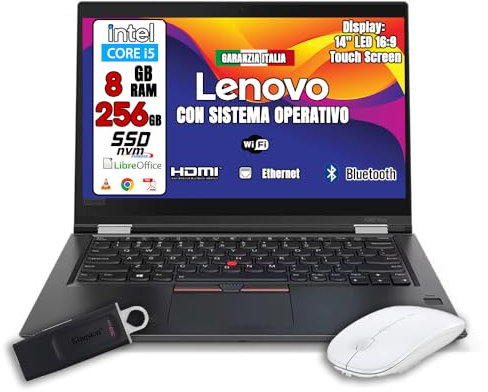 Lenovo, Pc portatile x380 YOGA i5, Notebook Con Display TOUCHSCREEN HD da 13.3, Ram 8Gb, SSD 256GB, Win 10 pro + OFFICE 365,Garanzia Italiana (Ricondizionato) MOUSE + PENDRIVE 60 gb