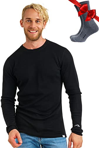 100% Merino Unterwäsche Herren - Merino Langarmshirt Herren Atmungsaktiv Und Feuchtigkeitsableitend Schwer + Wollsocken (X-Large, 320 Black)