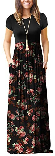 DEARCASE Damen Maxikleid - Soft Casual Kurzarm Langes Kleid, Langärmeliges Mit Blumenmuster Und Taschen, Rose Schwarz XXL