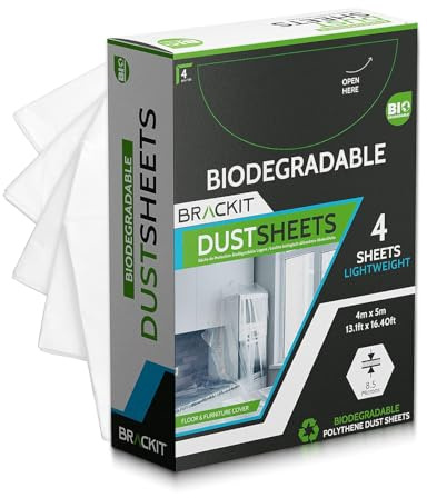 Brackit 4 Pack Biodegradable Dust Sheets, 4x5m (13x16ft), Extra-Large for Furniture and Walls, Waterproof Protectors