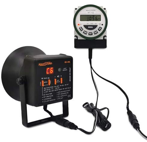 MultiSound Akustischer Tauben- und Vogelvertreiber + externer Timer, Abschreckung gegen Vögel, gegen Tauben, Stare, Möwen, Specht (BS-20L Garden 1)
