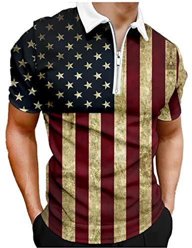 Hodaweisolp Polo da golf da uomo a maniche corte con cerniera casual slim fit stampata, Bandiera americana., XL