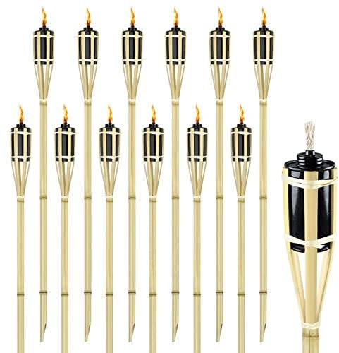 Froadp 90cm Höhe Ölfackeln Outdoor Fackeln Set mit Ersatzdocht und 213ml Eisen Lampenöl Flasche Bambus Gartenfacken Tragbare Laternen Bambusfackeln Deko für den Garten Draußen Feste (12 Stück)