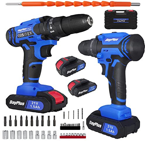 21V Professional Akku Schlagbohrschrauber, Akku Bohrschrauber mit 2 Akkus 1,5Ah, Akkuschrauber Set mit 3/8-Zoll Schnellspannfutter 2 Variable Geschwindigkeiten, Akku Bohrmaschine 26Pcs Zubehoer 45Nm