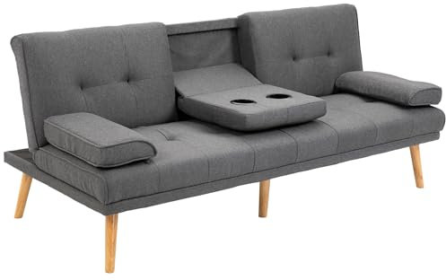 HOMCOM Divano Letto 3 Posti Reclinabile con 2 Braccioli Staccabili, Divano 3 Posti Imbottito Trasformabile in Tessuto e Legno con Portabicchiere per Soggiorno e Salotto, 181x77x78 cm, Grigio Scuro
