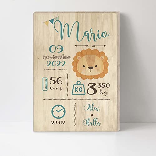 Natalicio de madera para bebés León Turquesa personalizado con nombre, regalo para recién niños nacidos personalizado con datos de bebé nombre fecha peso nacimiento pino tamaño 20x30 (León Turquesa)