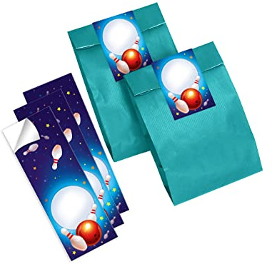 Junapack 12 Geschenktüten (Petrol) + 12 Aufkleber Bowling Bowling-Party bunt für Mitgebsel Gastgeschenk beim Kindergeburtstag Jungen Mädchen