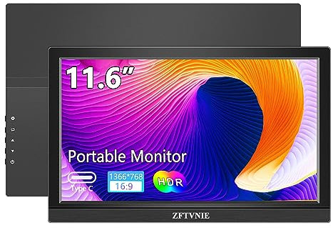 ZFTVNIE 11,6 Monitor portatile 1366 * 768P HD Schermo portatile per laptop/PC/PS4/PS5/Switch, con supporto/altoparlante incorporato/HDMI/Connettore tipo-C.