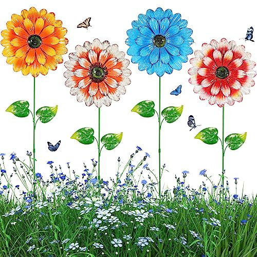 Photect 4 Pieces Decorative Garden Stakes Decorative 20'' Metal Flowers Garden Decor Yard Decorations Outdoor Flower Plant Stick Floral Picks for Lawn Front Patio Barnyard Party Outside Pathway Art