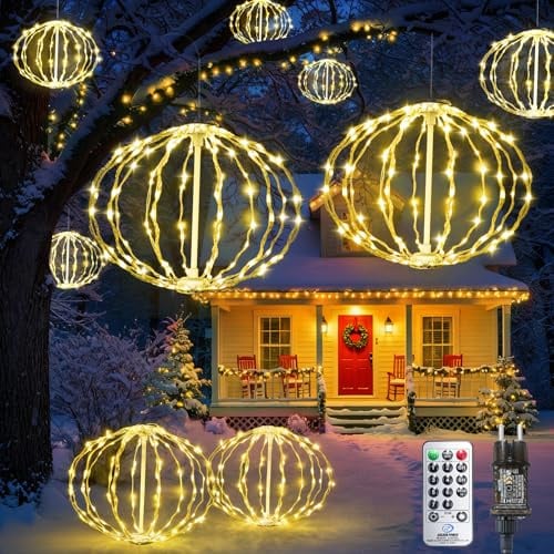 Lichterkette Außen 2 Stück 40cm Faltbare Große Kugel Weihnachtsbeleuchtung | Globe Lichterkette Weihnachtsbaum mit Fernbedienung Timer, Warmweiß Hängende Leuchtkugel für Garten Party Haus Weihnachtsdeko