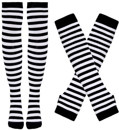 Tongcloud Women's Striped Knee High Socks, Over Knee Thigh High Socks, Arm Warmer and Fingerless Gloves Set, Black and White, One Size