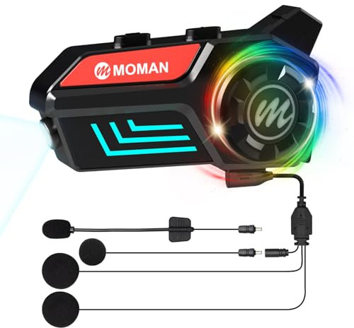 Moman Motorrad Helm Headset, H4S mit【LED Scheinwerfer & RGB】 Motorcycle Kopfhörer mit Knopf-Design AI-Sprachassistent Automatische Antwort Wasserdicht, Motorrad-Kopfhörer-Headset-Motorradhelm-Helmet