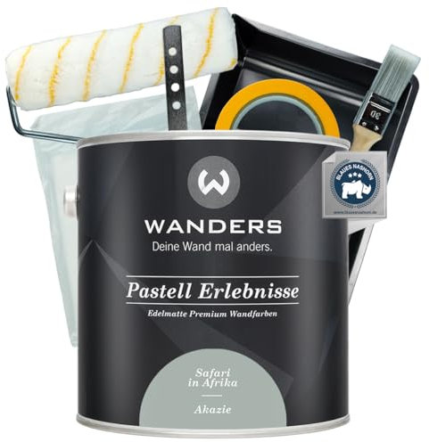 Wanders Pastell Erlebnisse Wandfarbe 2,5L (Akazie, Grün) inkl. Streichset Basic – Premium Kreidefarbe, Leichte Anwendung, Hochdeckend, Ultramatt, Perfekt für Heim-DIY