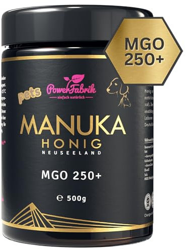 Manuka Honig für Tiere | MGO 250+ | Das ORIGINAL aus NEUSEELAND | Manuka Pets | PUR, ROH & ZERTIFIZIERT | Premium Qualität 100% natürlich | PowerFabrik (500 g)