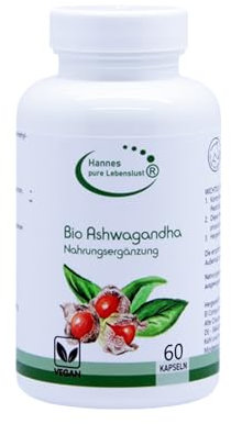 Hannes Pure Lebenslust Bio Ashwagandha 60 Kapseln, 15 Tage Vorrat, Frei von künstlichen Zusätzen, 100% Vegan