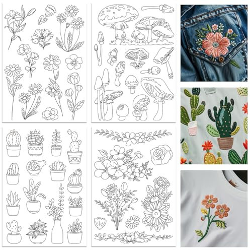 ORIGACH 4 Blatt 47 Stück groß Stickvorlagen Wasserlöslich Blumen Stickvorlagen Wasserlöslich für DIY Projekte Selbstklebend Stickaufkleber Stickvorlagen Kreuzstich Sticken Für Anfänger