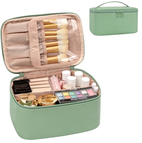 Travel Makeup Bag, Portable Cosmetic Bag with Makeup Brush Organiser Large Capacity Make up Case Water-Resistant Toiletry Bag for Women Travel Essentials, Green