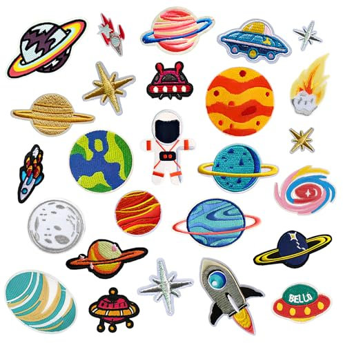 DEARBAG 26 Stück Patches zum Aufbügeln, Space Astronaut Bügelbilder Aufbügelflicken, Bügelflicken Kinder, Bunte Flicken zum Aufbügeln, Applikationen zum Nähen für DIY T-Shirt Jacken Jeans Taschen