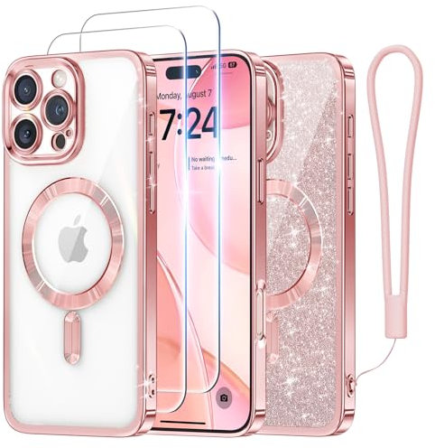 Meifigno Cover per iPhone 16 Pro Max,[Compatibile con MagSafe][2x Pellicola Prottetiva][Cartone splendente & Corda sospesa] Protezione completa delle lenti per 6.9 Pollice, Oro Rosa