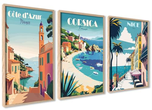 3er Set Poster Wanddeko Wohnzimmer Ideal als Geschenk Modernes Design Flur | 30x40 Bilder mit Holz Rahmen Französisch Travel Vintage Plakate Cote d'Azur Corsica Napoli für Wohnzimmer oder Schlafzimmer