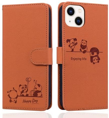Butnyeoe for iPhone 14 Phone Case, iPhone 14 Wallet Case, PU Leather Magnetic Book Flip Protective Cover with Card Holder, Cute Cartoon Panda Orange