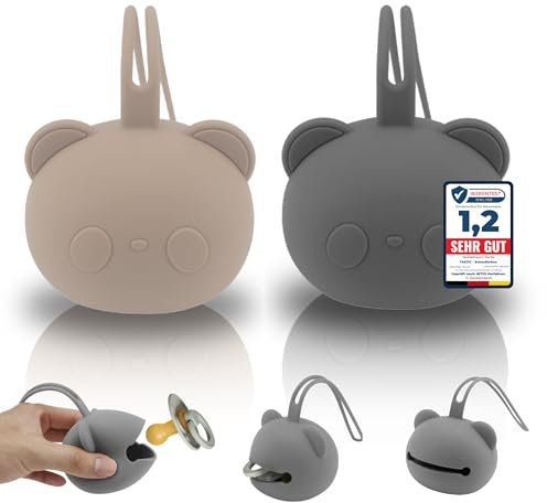 Tastic Schnullerbox Baby - 2x Silikon Schnullerbox für unterwegs in Pandaform – Schnulleraufbewahrung BPA frei – Box vielseitig nutzbar und leicht zu Reinigen. beige + grau