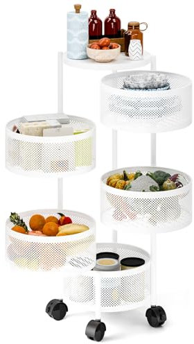 3/4/5-stufiges drehbares Küchenregal, Obst- und Gemüsekorb, Aufbewahrungswagen aus Metalldraht mit Rädern Oberseite, runder Küchenorganisator für Gemüsesnacks, rollendes Lagerregal die Weiß F