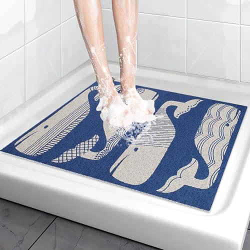 JNNCUD Quadratische Luffa-Duschmatte, 40 x 80 cm, rutschfest, aus Luffa mit Ablauf für die Innendusche, Duschmatte für Badewanne und Feuchtbereiche, bedruckt, Motiv Fisch bunt