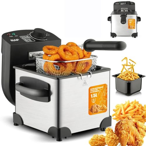 QYOEGSQ Electric Deep Fryer,1.5L Stainless Steel Small Deep Fat Fryer with Frying Basket and lid,Adjustable Temperature 0℃-190℃,Easy Clean & Removable Oil Basket,for Home Chicken Fries